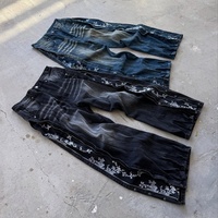 Jeans en denim pour hommes de haute qualité, lourds, noirs et bleus, coupe ample, taille plus, personnalisés, lavés à la main, empilés, baggy, à fermeture éclair, à motifs floraux