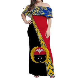 Körfez eyaleti kolsuz parti elbise tüm baskılı özel giysi kadınlar seksi kapalı omuz Maxi elbiseler POD PNG Hibiscus kabile