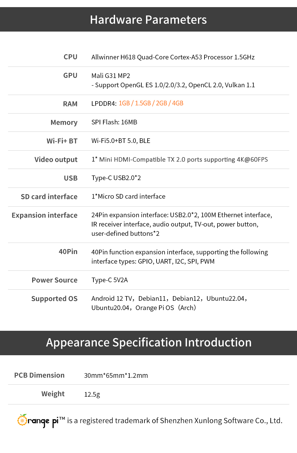 Orange Pi Zero 2 W Mini PC - 1GB/2GB/4GB RAM, Allwinner H618, WiFi