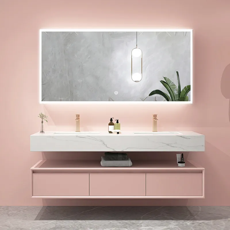 Roze Hoogglans Lange Slanke Mirrored Schilderen Massief Houten Wc Unit Geïntegreerde Sink Ingebouwde Kast Badkamer Ijdelheden Opslag