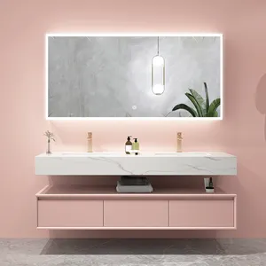 粉色高光长条修身镜面绘画实木Wc单元集成水槽内置橱柜浴室梳妆台储物