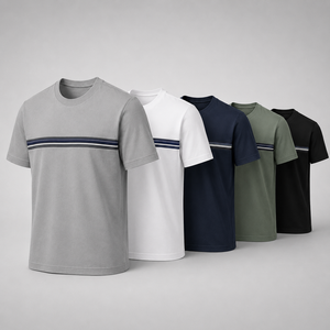 Camiseta Casual de Manga Corta con Cuello Redondo para Hombre, Corte Regular, Tejido a Rayas con Ribete en Contraste - Product Image 1