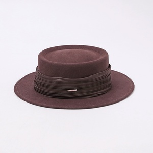 New Autumn <strong>Winter</strong> Luxury Wool Felt <strong>Hat</strong> Women Vintage Chic British Pleated Satin Trim Flat Top Premium Ceremony - Product Image 1