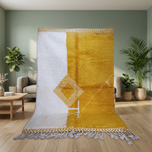 Tapis Beni Ourian, tapis géométrique en laine et acrylique, rectangulaire, réversible, en peluche, fait main, décoration de salon, jaune et blanc, avec franges - Product Image 1