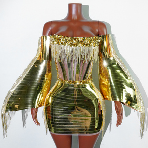 Minivestido de malla con cordones y borlas doradas de lujo para grupo femenino, traje de baile sexy, ropa de escenario, Drag Queen - Product Image 1