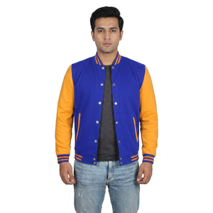 เสื้อแจ็คเก็ต Letterman สีน้ำเงินและสีเหลืองสำหรับผู้ชาย ผลิตตามแบบ OEM ระบายอากาศได้ดี เหมาะสำหรับฤดูหนาว คอตั้ง คุณภาพสูง - Product Image 1