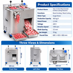 Machine à hacher et à découper la viande 2 en 1, 400 kg/h, acier inoxydable, hachoir à viande électrique pour boucherie, cuisine - Product Image 2