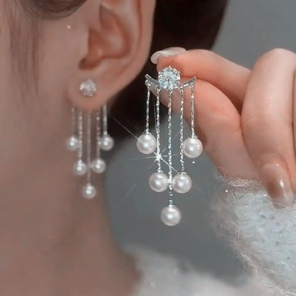 Boucles d'oreilles coréennes brillantes en strass pour femmes, élégantes, Imitation de perle, nœud papillon, boucles d'oreilles suspendues, bijoux de mariage