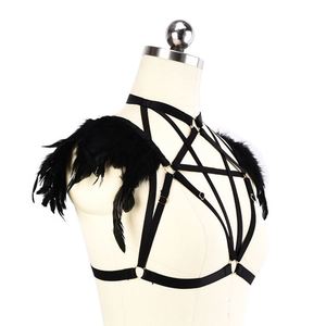 Nuevo sujetador de arnés elástico de pentagrama Sexy con ropa interior de plumas negro Punk Sexy mujer Bondage Cage Bra - Product Image 4