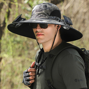 Alta calidad verano energía Solar aventura amigo al aire libre transpirable diseño pescador sol ala grande cubo gorras sombreros con ventilador - Product Image 3