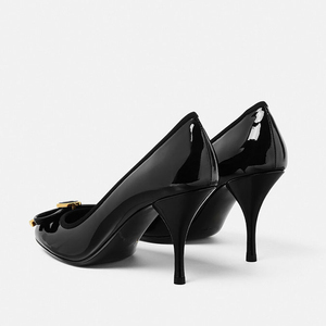 Zapatos de tacón alto y fino para mujer, con punta redonda, de charol, con decoración circular, sandalias de vestir, estilo stiletto, para pies anchos, con lazo frontal - Product Image 2