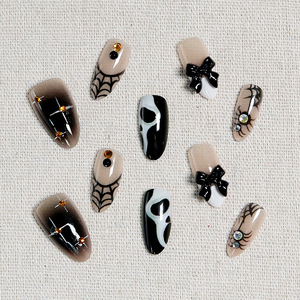 Uñas postizas de almendra para Halloween, estilo oscuro, con fantasmas gritantes, lazos y telarañas, puntas de uñas postizas terminadas para manicura DIY y fiestas. - Product Image 5