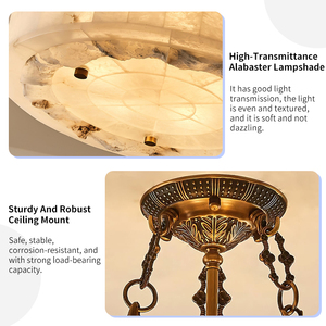 Semi Flush Chandelier Brass Alabaster American Vintage Retro Living Dining Room Bedroom Hotel Project Drum Stone <b>Light</b> - Product Image 3