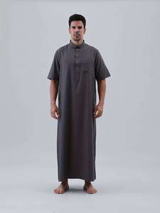 เสื้อคอตตอนผู้ชายคอตั้งแขนสั้นเสื้อยาวถึงพื้นสีพื้นระบายอากาศลำลองสวมใส่ทุกวันสไตล์ตะวันออกกลาง - Product Image 2