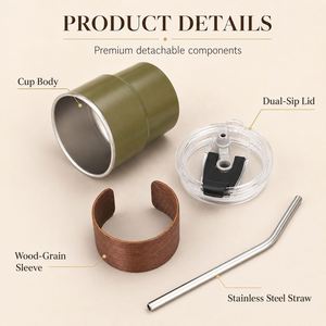 Gobelet isotherme personnalisé en acier inoxydable avec paille, manchon en bois écologique, tasse de voyage, cadeau promotionnel - Product Image 2