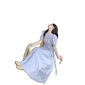 Vestido de Verano Estilo Francés con Cuello en V, Manga Corta, Cintura Alta, Corte A y Falda Larga para Mujer, Ligero e Informal - Product Image 5