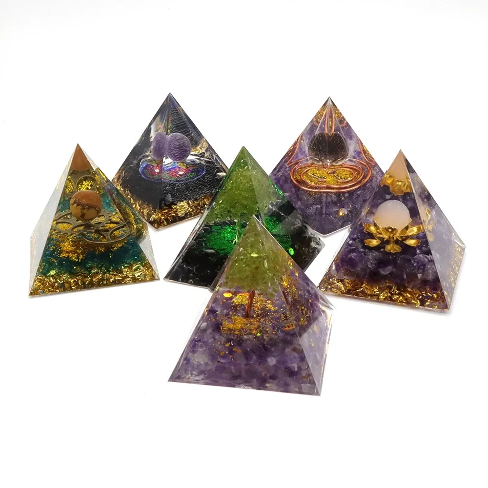 Gerador de energia orgone pirâmide ametista peridot, cura cristal natural reiki chakra gerador ferramenta de meditação com base de madeira