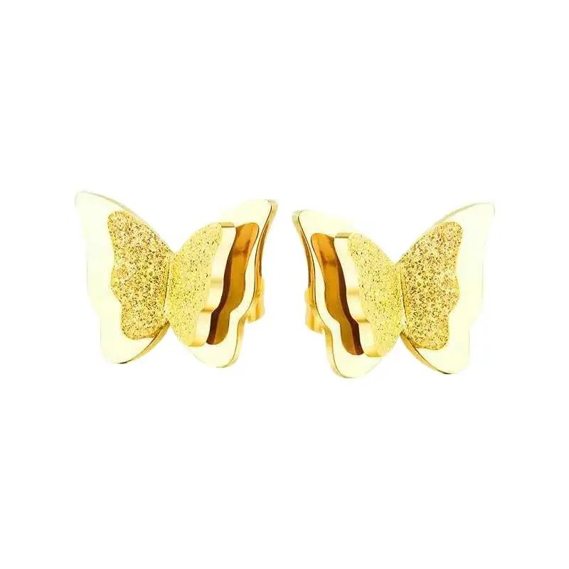 Kore moda 18k altın titanyum çelik takı renk koruma buzlu güzel kelebek küpe