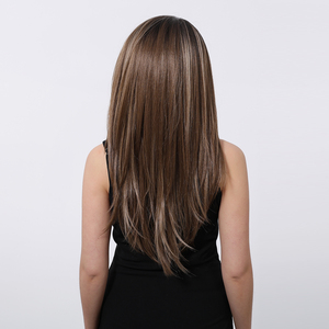 13x6 HD U Lace Perruque Synthétique Future Fibre Longue Ligne Droite Vague de Corps Naturel Brun Foncé Rayures Blanc Réel Photo Vidéo - Product Image 6