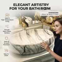 Lavabo de salle de bain en céramique ovale, motif marbre, style nordique moderne et élégant, pour hôtel, à poser sur comptoir, design artistique, garantie 3 ans