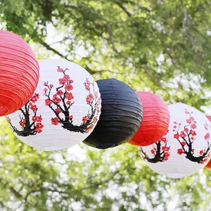 Farol Led con estampado de flores de ciruela china, decoración de Festival al aire libre, farol de papel japonés para colgar