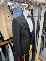 Élégant Costume de Mariage pour Homme, Ensemble 3 Pièces Jacquard Noir, Veste de Smoking, Gilet et Pantalon pour Marié et Garçon d'Honneur