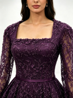Robe de soirée de luxe de Dubaï, style arabe, à manches longues, col carré, avec corsage corset orné de fleurs 3D, de perles et de paillettes, et traîne, pour soirée musulmane