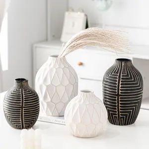 Handmade geometric pattern flower container big belly ceramic vase carved black and white