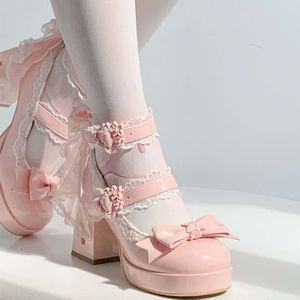 Lolita Platform Shoes Pink PU <b>Closed</b> <b>Toe</b> With Lace And Flower Detail Spring Women's Height Increasing <b>Chunky</b> <b>Heels</b> - Product Image 5