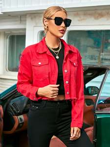 الشركة المصنعة مخصص السيدات اقتصاص زر أعلى سترة الدنيم عالية نمط الشارع ممزق الخام تنحنح طويلة الأكمام المغسول معطف الجينز - Product Image 2