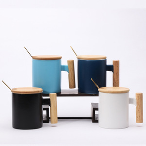 <b>Ceramic</b> Mug Set With Wooden Handle Solid Color Four Piece Coffee Tea <b>Cup</b> Gift For Events - Product Image 1