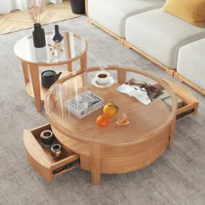 モダンなリビングルームの家具サイドテーブル収納ラウンド木材デザインコーヒーテーブルガラストップ