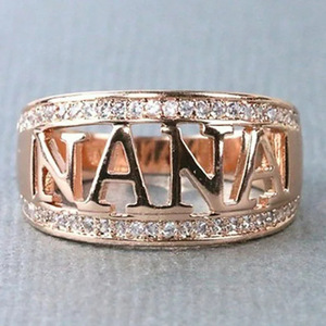 Rose Gold Nana Letter <b>Ring</b> With <b>Crystal</b> Rhinestones Pave Setting Unisex Fine Jewelry Gift - Product Image 1