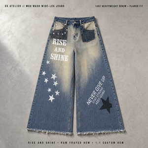 Maßgeschneiderte Mud Wash 14oz Wide-Leg Flared Jeans mit Raw Frayed Saum, Sternenprint und Kontrasttaschen – Streetwear OEM ODM - Product Image 1
