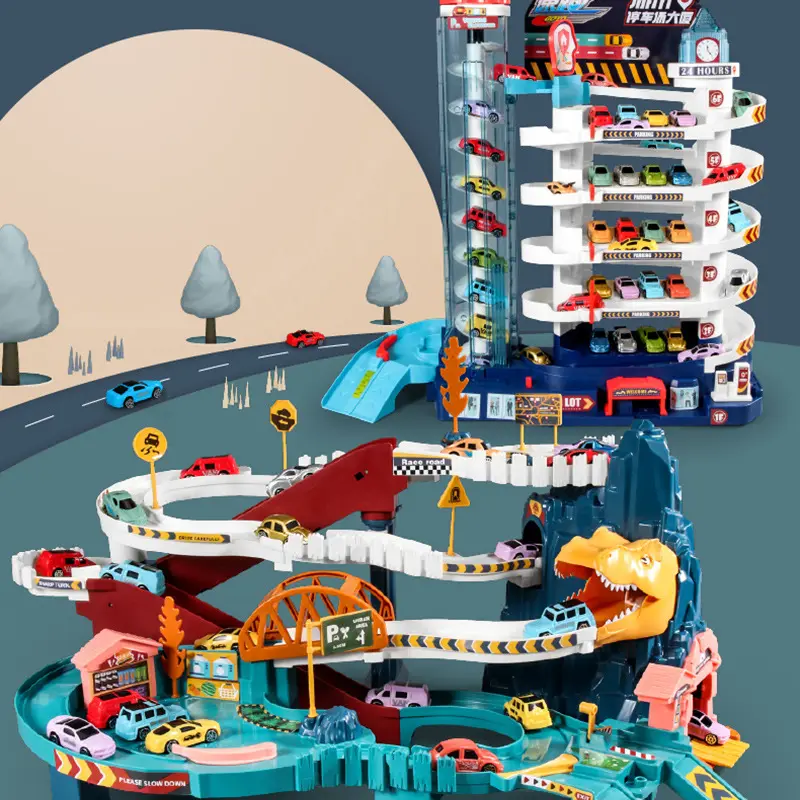 Puzzle DIY mobil petualangan tempat parkir mainan model bangunan set dinosaurus Slide Track mainan mobil