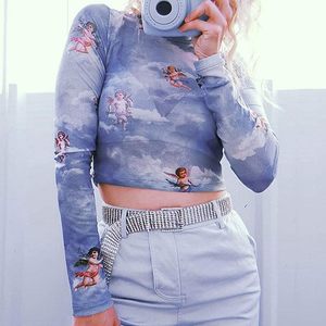 Top corto transparente de manga larga con cuello alto y estampado de ángel para mujer, ropa sexy para discoteca - Product Image 4