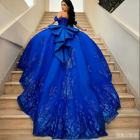 Robe de Quinceañera bleu roi Sweetheart avec nœud, appliques en dentelle brillante, Vestidos de 15 Anos, épaules dénudées, personnalisable