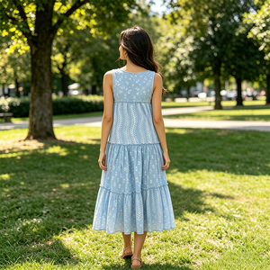 Abito Midi Estivo Casual da Donna Personalizzato, Azzurro, Senza Maniche, Scollo a V, con Balze e Ricami in <span class=keywords><strong>Cotone</strong></span> - Product Image 2
