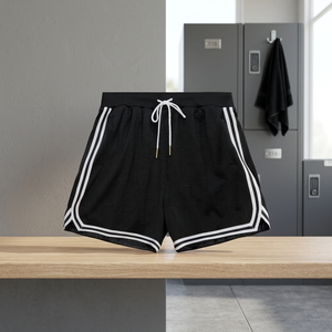 Shorts de basketball noirs avec cordon de serrage, taille élastique, double bande, pour athlétisme, course et gym, personnalisables pour équipes - Product Image 2