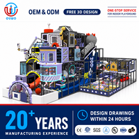 Aire de jeux intérieure sur le thème de l'usine spatiale du futur pour enfants, avec piscine à balles, toboggan aquatique, jeux souples multi-niveaux, parc d'attractions