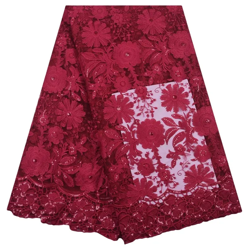 Nuevo rojo francés tela de encaje con lentejuelas de tela africana de encaje bordado flor tejido de seda de leche cordones para vestido de novia 2153