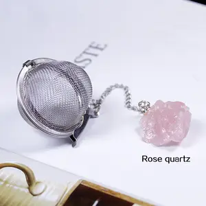 Wholesale Natural Healing Crystal Raw Stone Tea Strainer Food Grade Stainless Steel Spherical Tea Infuser Crystal Crafts