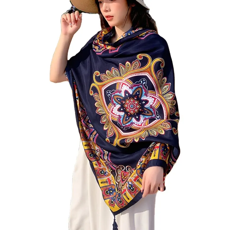 Grosir Syal Rumbai Dicetak Syal Poliester Mode Vintage Syal Polyester Wanita Syal