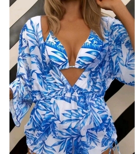 Nouveauté 2024 Ensemble trois pièces pour femmes européennes et américaines avec imprimé feuilles <span class=keywords><strong>Bikini</strong></span> et maillot de bain à manches longues pour la plage - Product Image 2