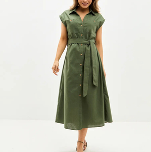 Vendita calda abito da donna in lino verde oliva abito con cintura abito <span class=keywords><strong>Midi</strong></span> con colletto abbottonato per abbigliamento Casual e da ufficio - Product Image 1