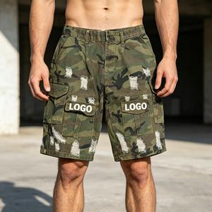 Pantalones cortos para hombre con logo personalizado, pantalones cargo de camuflaje, pantalones cortos Bermuda de lona rasgados de cintura media para hombre, pantalones cortos casuales transpirables para hombre - Product Image 6