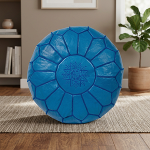 Round Blue Genuine <b>Leather</b> Pouf <b>Cushion</b> <b>Cover</b> Handmade Bohemian Style Stitched Design Zipper Closure Customizable Home Decor - Product Image 5