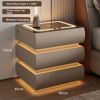 Table de chevet au design moderne et unique, grise, 3 tiroirs, table de nuit intelligente avec lumière LED et chargeur sans fil intégré.