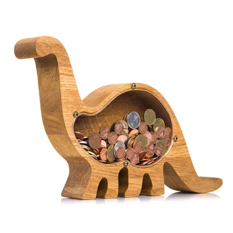 กระปุกออมสินไม้โอ๊คธรรมชาติรูปไดโนเสาร์สำหรับเด็กประหยัดเงิน