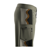 Shorts de surf pour hommes vert armée à rayures ondulées, imperméables, avec poche latérale asymétrique et fermeture éclair et bouton